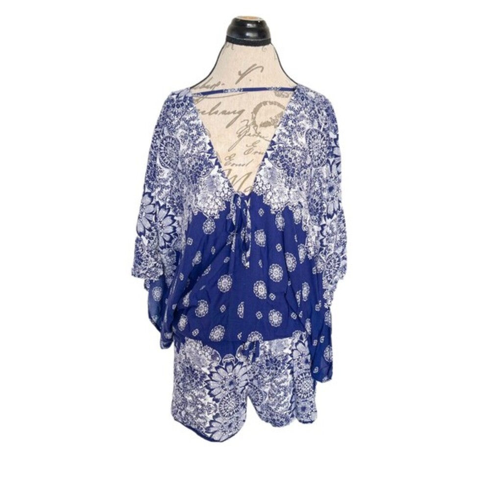 Bacio Womens Romper Shorts Size Large Boho Short sleeve bohemian Blue Gypsy